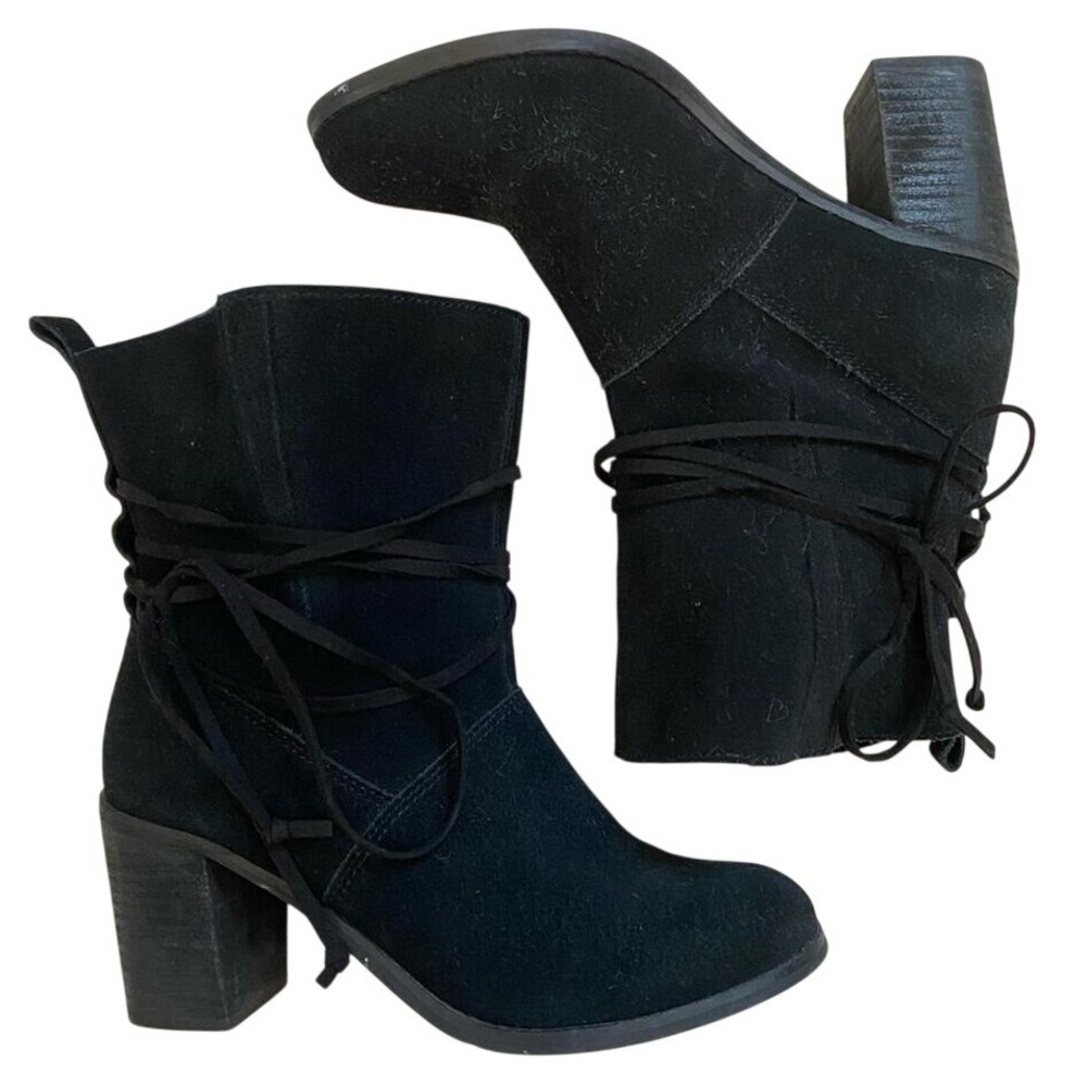 Toms‎ Women's Mila Boho Boots Size 8 Black Suede Block Heel Lace Up Slouchy